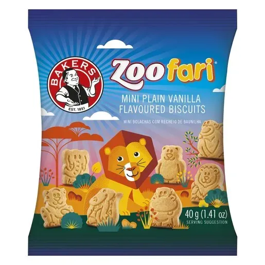 Front of Bakers Zoo Fari Mini Plain Vanilla Flavoured Biscuits 40g pack