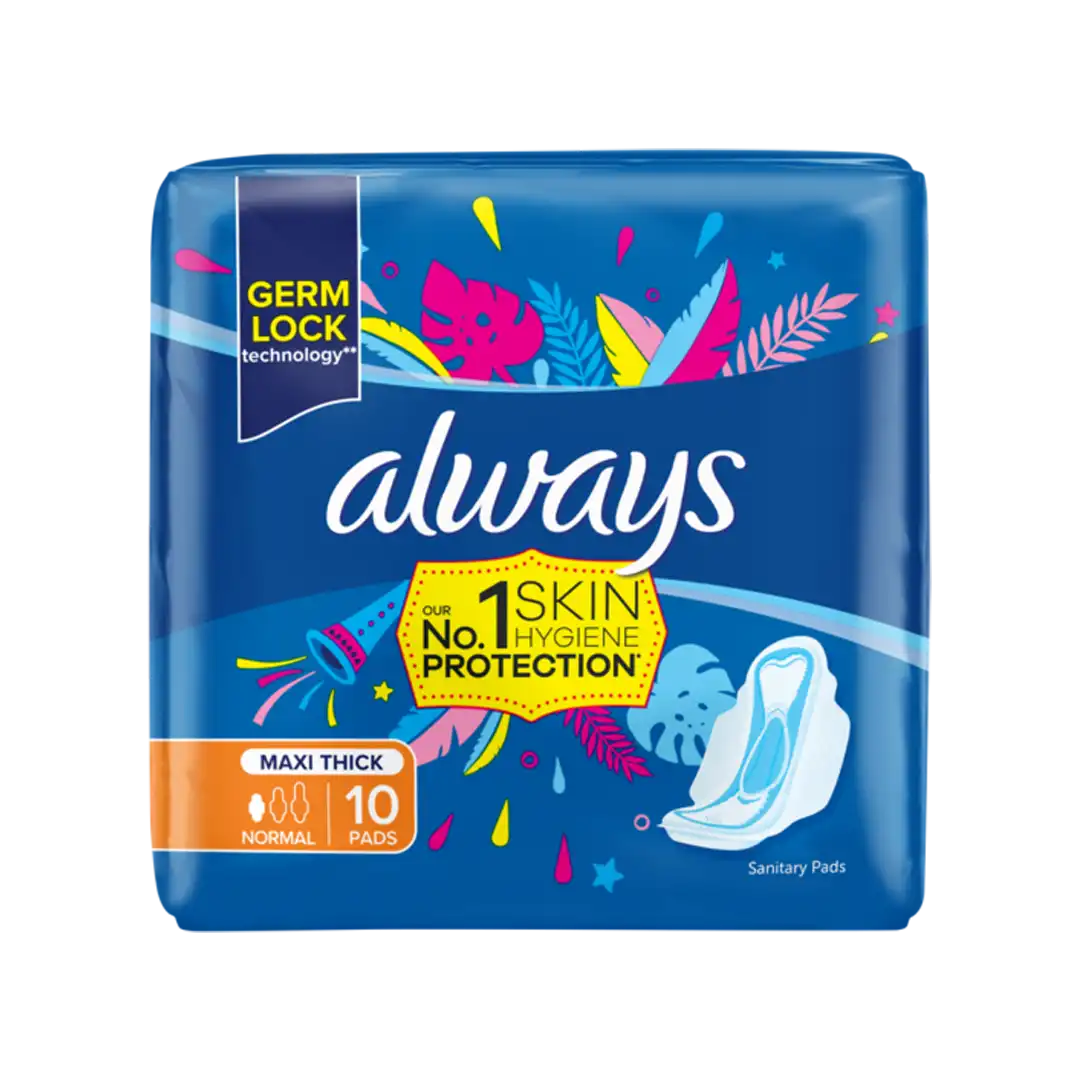 Front of Always Maxi Thick Normal Sanitary Pads 10's pack on white background