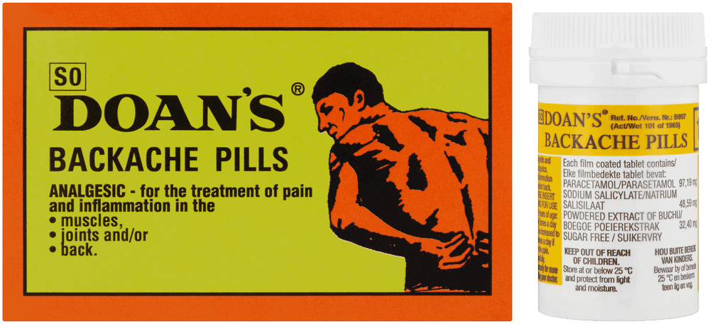 Front of Doan's Backache Pills box and bottle, Johnson & Johnson, 18 pills