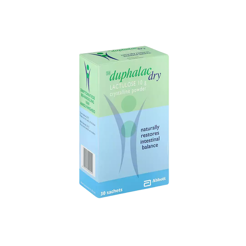 Angled view of Duphalac Dry Lactulose 10 g crystalline powder box, 30 sachets