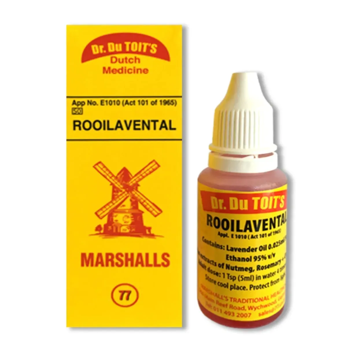 Front of Dr. Du Toit's Rooilavental (Rooi Laventel) 20 ml box and bottle by Marshalls Traditional Healthcare