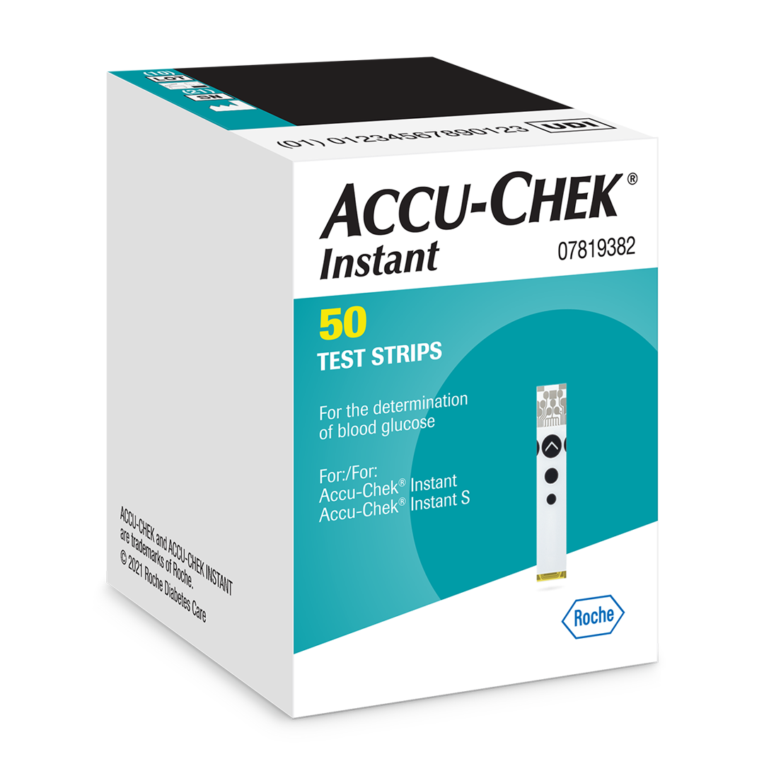 Angled view of Accu-Chek Instant blood glucose test strips box, 50 strips