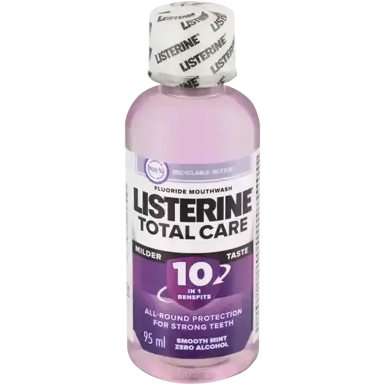 Front of Listerine Total Care Smooth Mint Fluoride Mouthwash 95 ml bottle on white background
