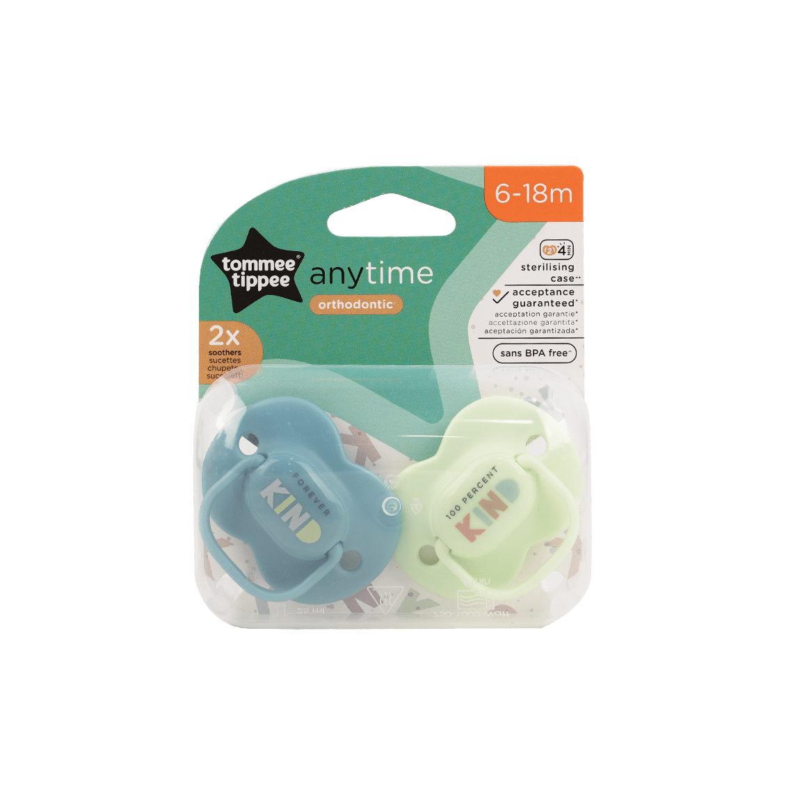 Front of Tommee Tippee Anytime Orthodontic Soothers 6-18m, pack of 2