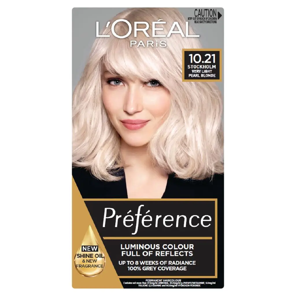 Front of L'Oréal Paris Preference 10.21 Stockholm Pearl Blonde hair colour box