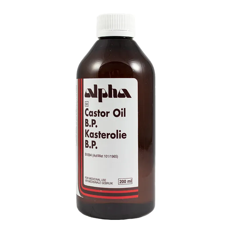 Front of Alpha Castor Oil B.P. 200 ml bottle