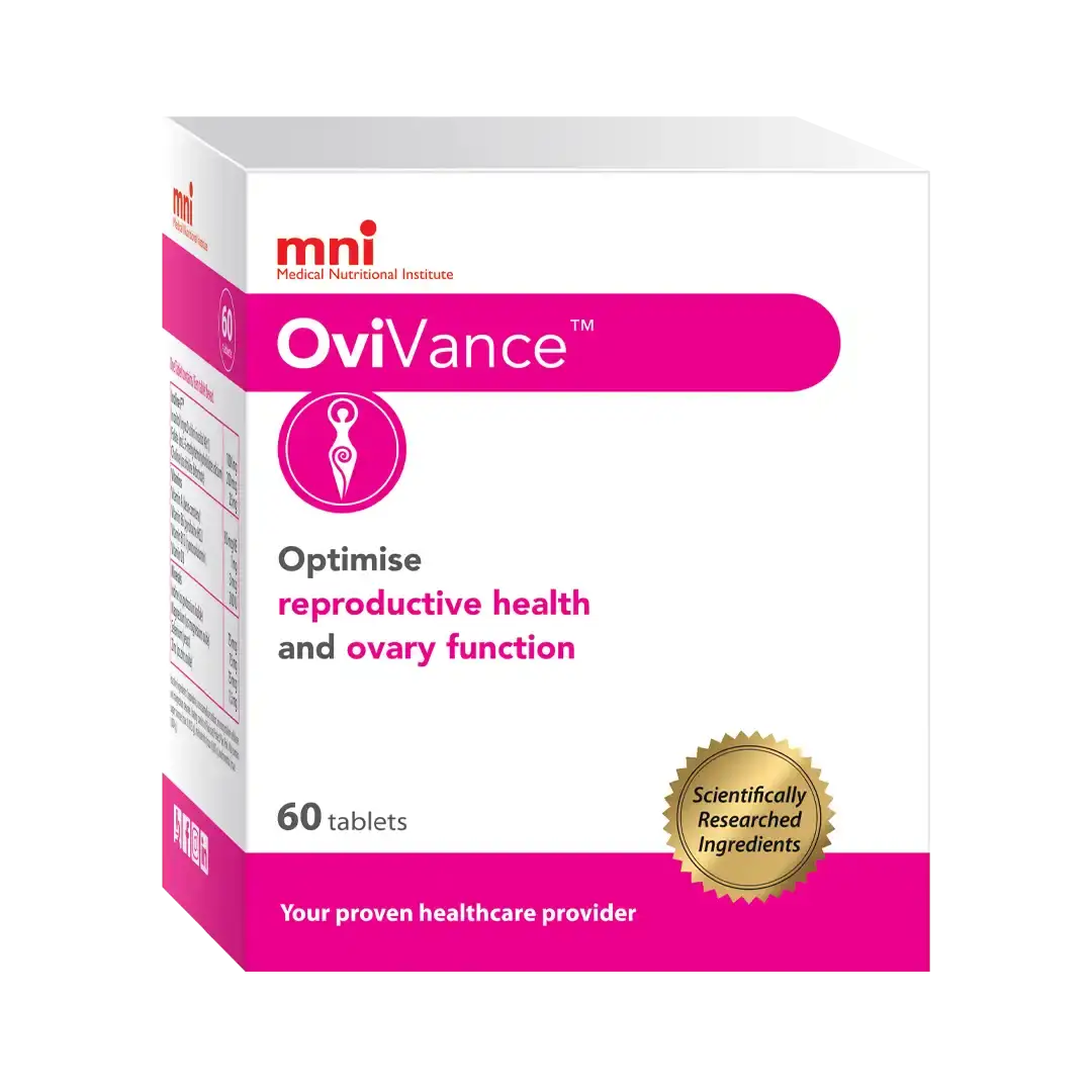 Front angled view of MNI OviVance 60 tablets box, Pharma Dynamics