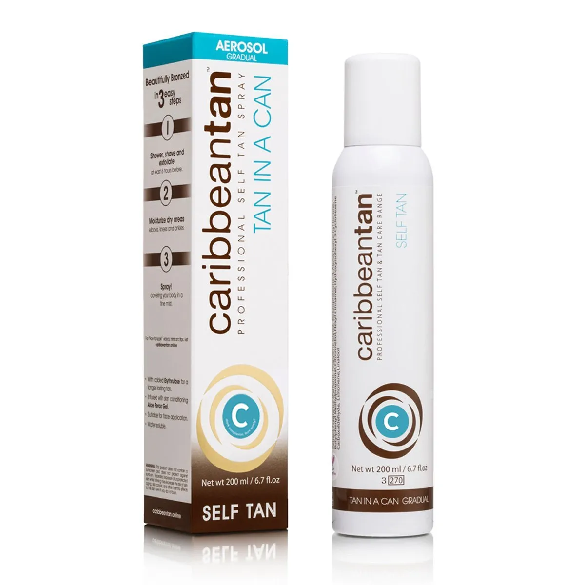 Front of Caribbean Tan Tan In A Can Gradual Self Tan Aerosol 200ml box and can