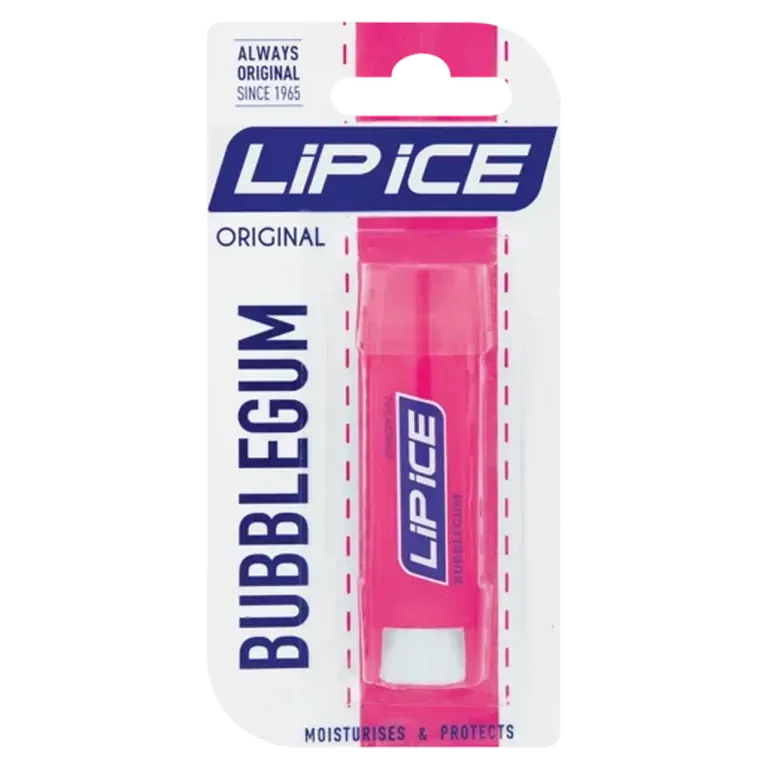 Front of Lip Ice Original Bubblegum lip balm carded pack 4.9 g