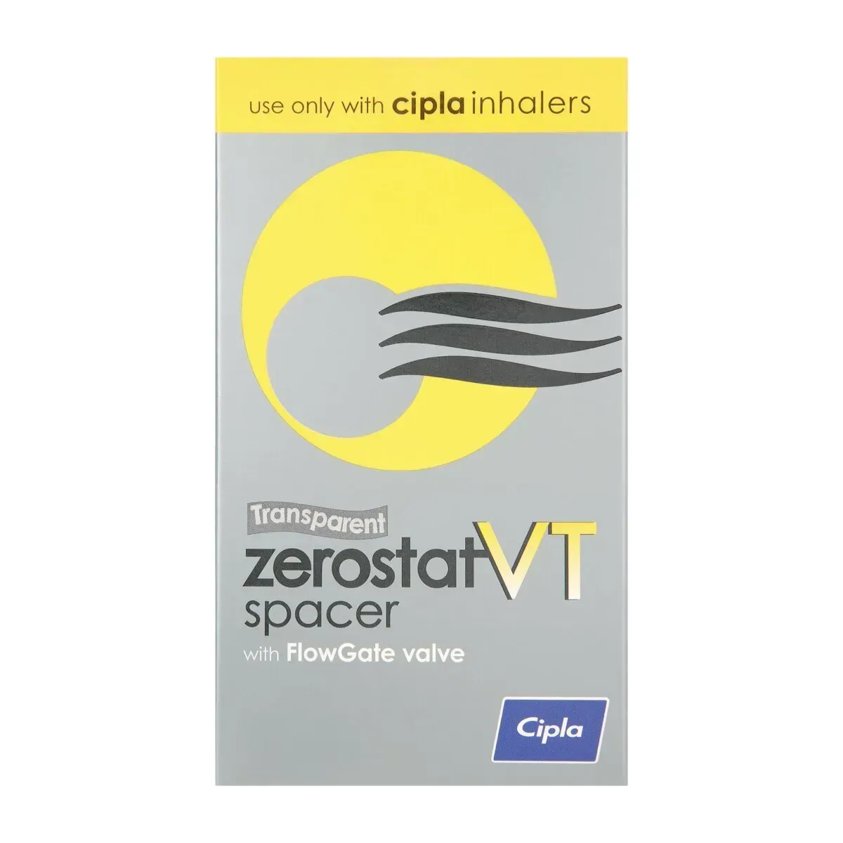 Front of Cipla Zerostat VT Spacer with FlowGate valve box, 1 spacer unit