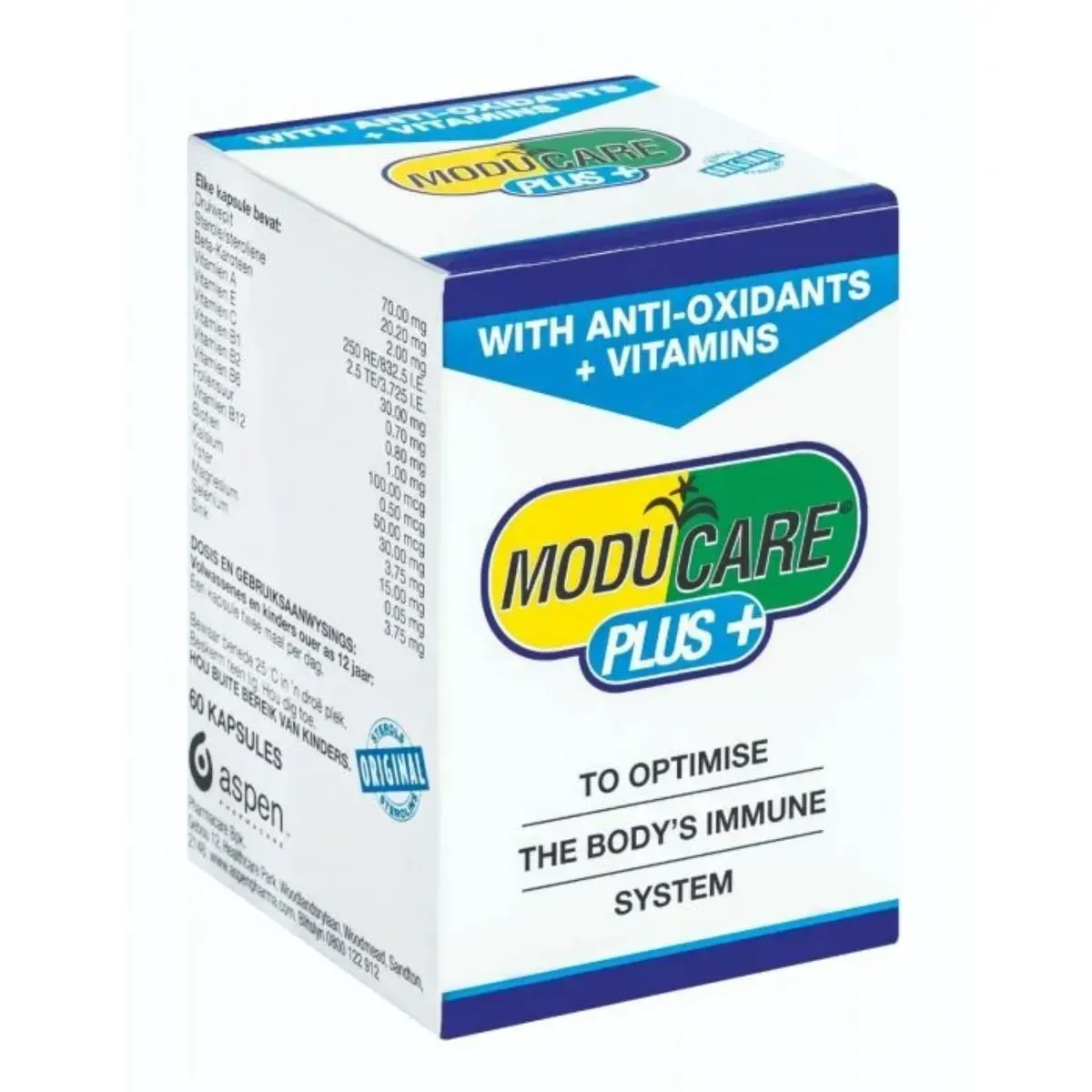 Angled view of Moducare Plus+ 60 capsules box