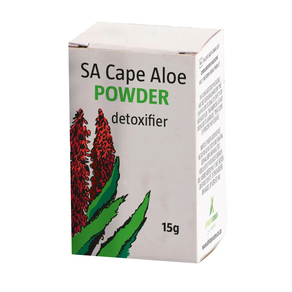 Angled view of African Cures SA Cape Aloe Powder detoxifier 15 g box