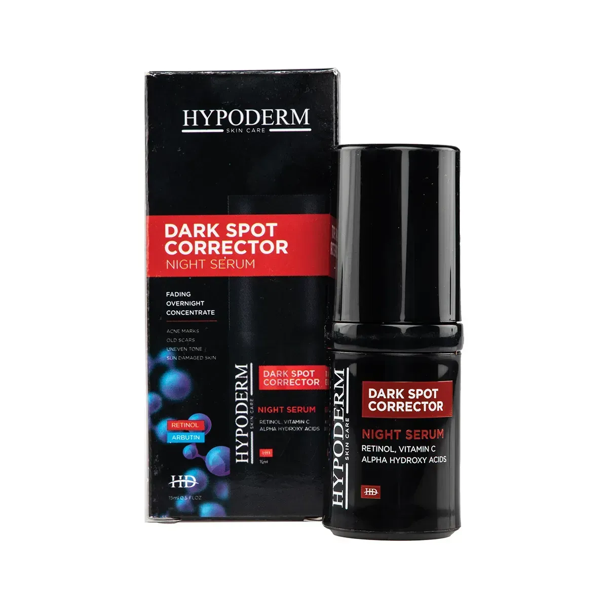 Front of Hypoderm Dark Spot Corrector Night Serum box and bottle, 15 ml