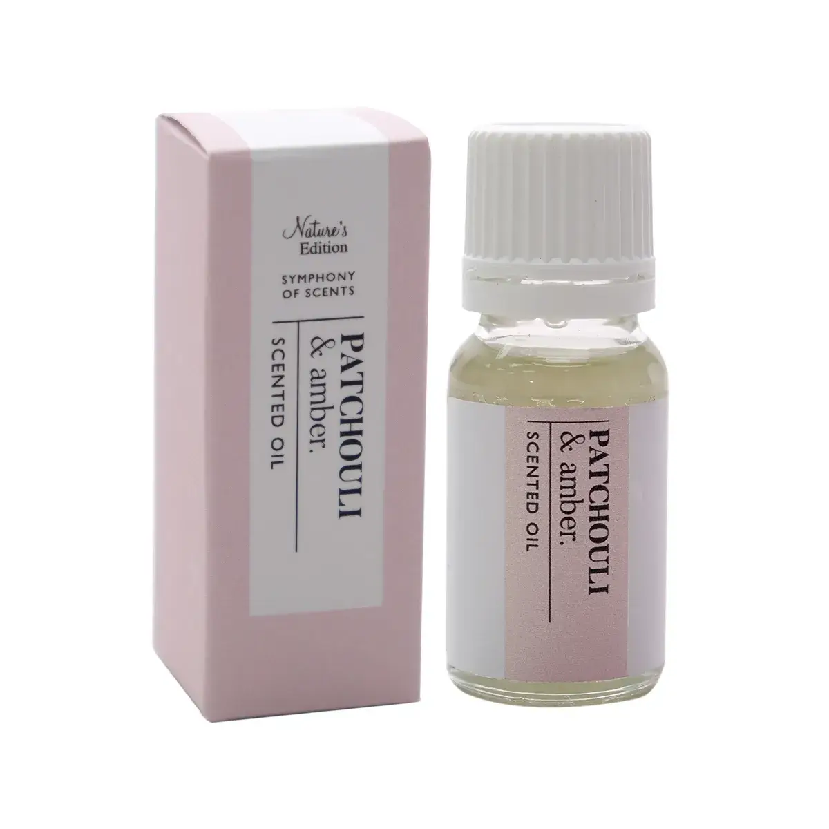 Front view of Jenam Nature's Edition Symphony of Scents Patchouli & Amber Scented Oil bottle and box