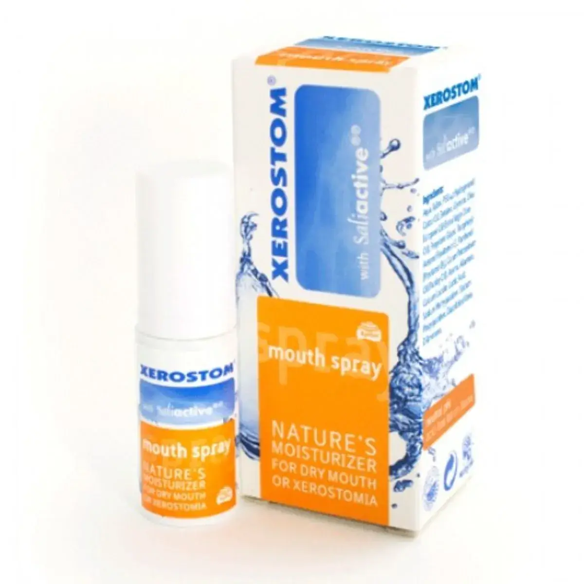 Front of Xerostom Mouth Spray box and bottle for dry mouth