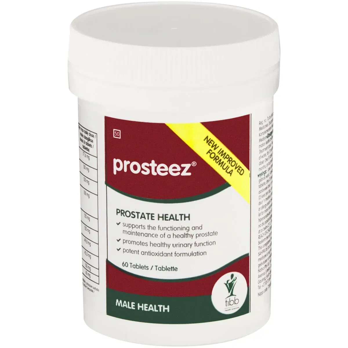 Angled view of Tibb Prosteez Prostate Health tablets, 60 tablets bottle