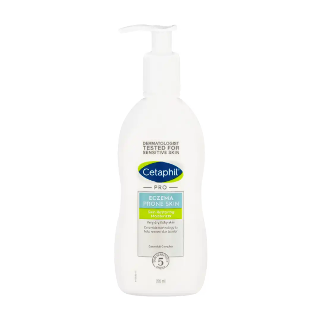 Front of Cetaphil Pro Eczema Prone Skin Restoring Moisturizer 295 ml pump bottle on white background