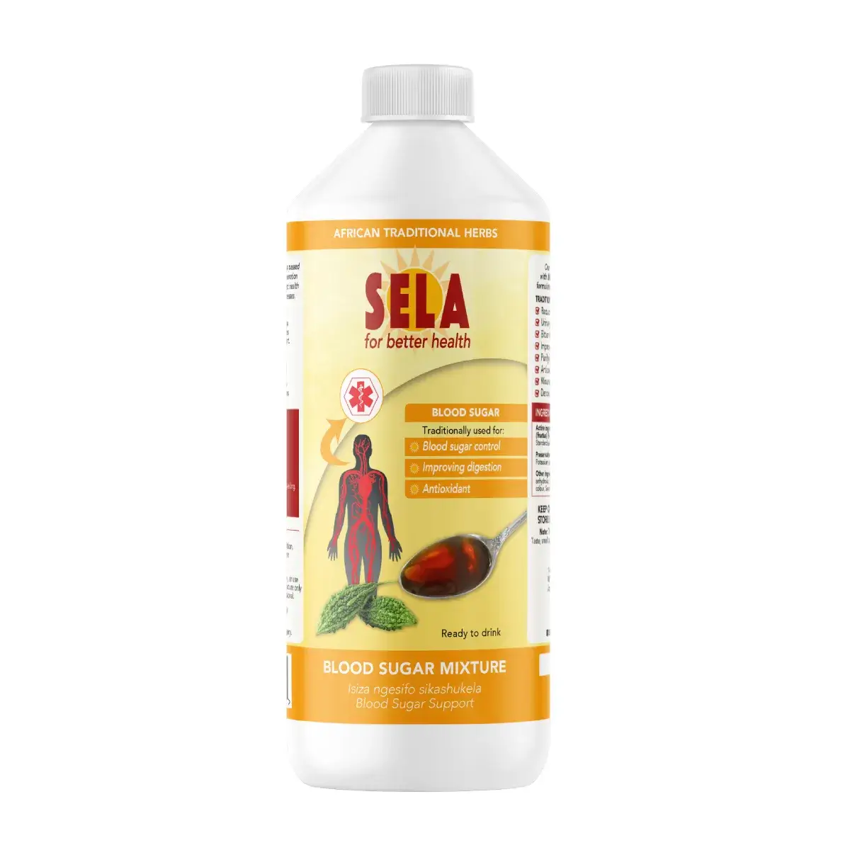 Front of Sela Blood Sugar Mixture 500 ml bottle on white background