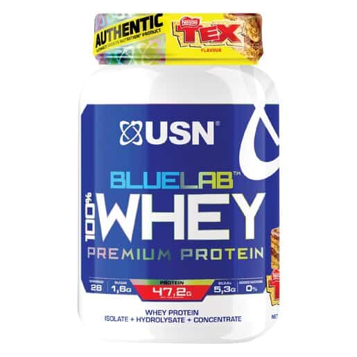 Front of USN BlueLab 100% Whey Premium Protein Tex flavour 908g tub