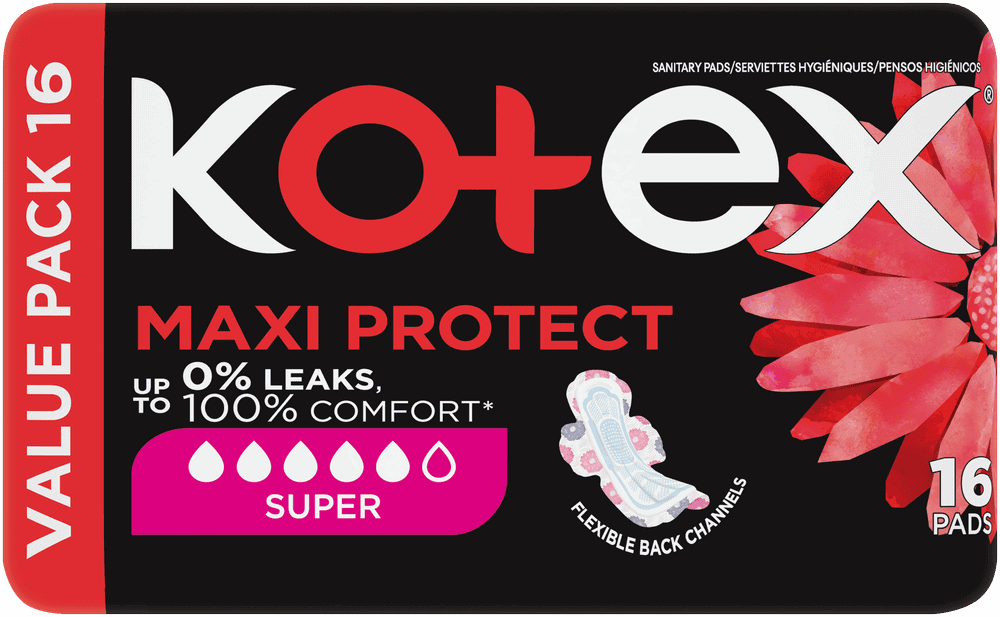 Kotex Maxi Protect Super Sanitary Pads with Wings 16pk