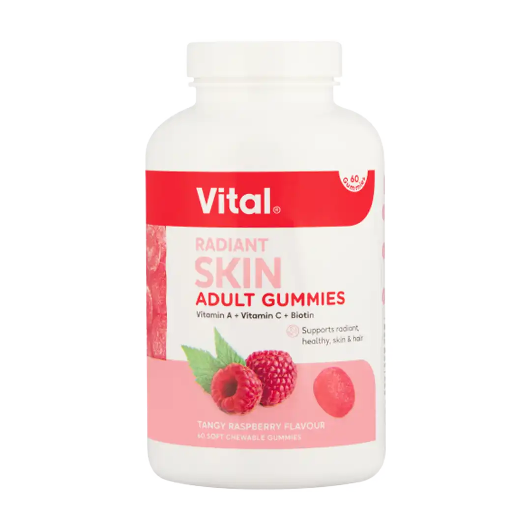 Front of Vital Radiant Skin Adult Gummies Tangy Raspberry 60 gummies bottle on white background