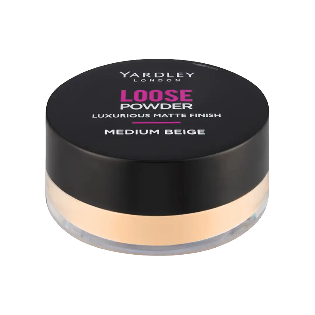 Front of Yardley London Loose Powder 40 g jar, Medium Beige shade