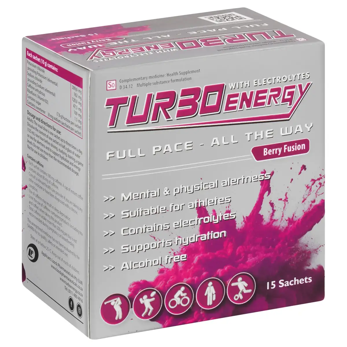 Angled front view of Turbo Energy Berry Fusion 15 Sachets box with electrolytes
