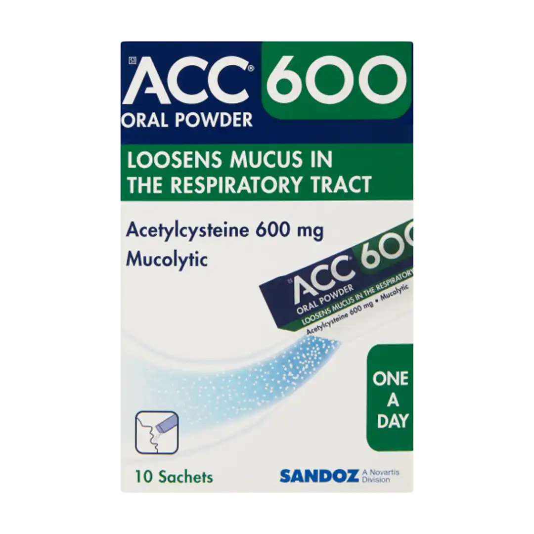 Front of Sandoz ACC 600 Oral Powder 10 sachets on white background