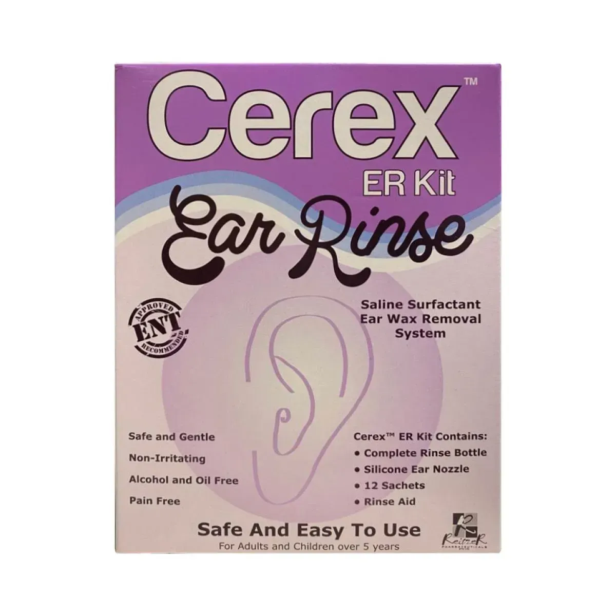 Front of Cerex ER Kit Ear Rinse box, 1 kit, on white background