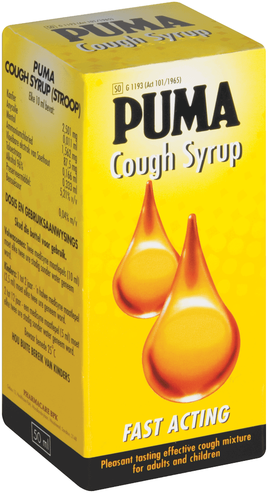 Angled view of Puma Cough Syrup 50 ml box, Aspen Pharmacare