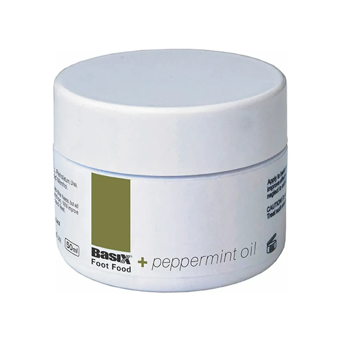 Angled view of Basix Foot Food + Peppermint Oil 50 ml jar