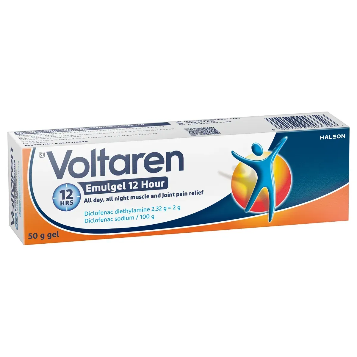 Angled front view of Voltaren Emulgel 12 Hour 50 g box on white background