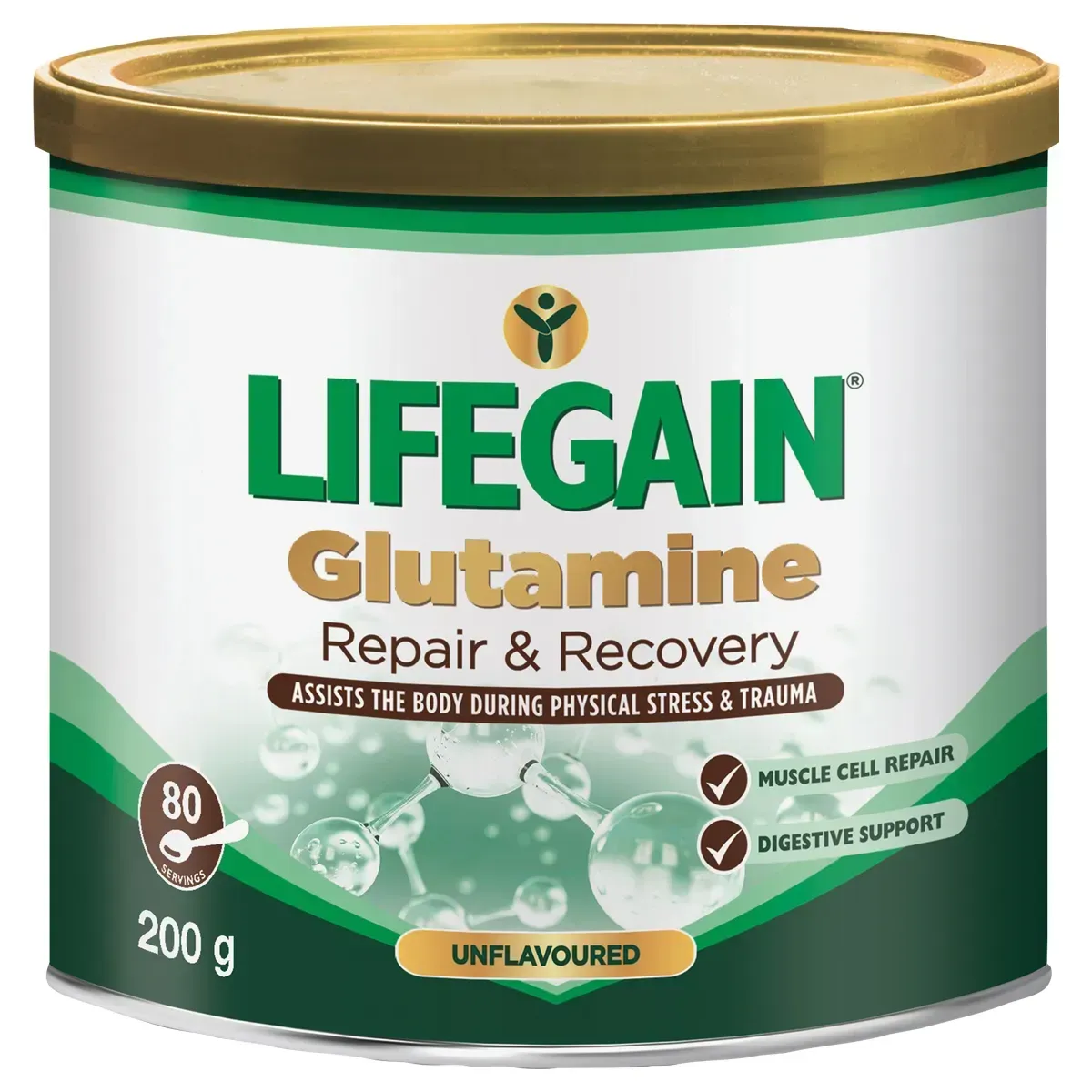 Front of LifeGain Glutamine Repair & Recovery Unflavoured 200 g tin