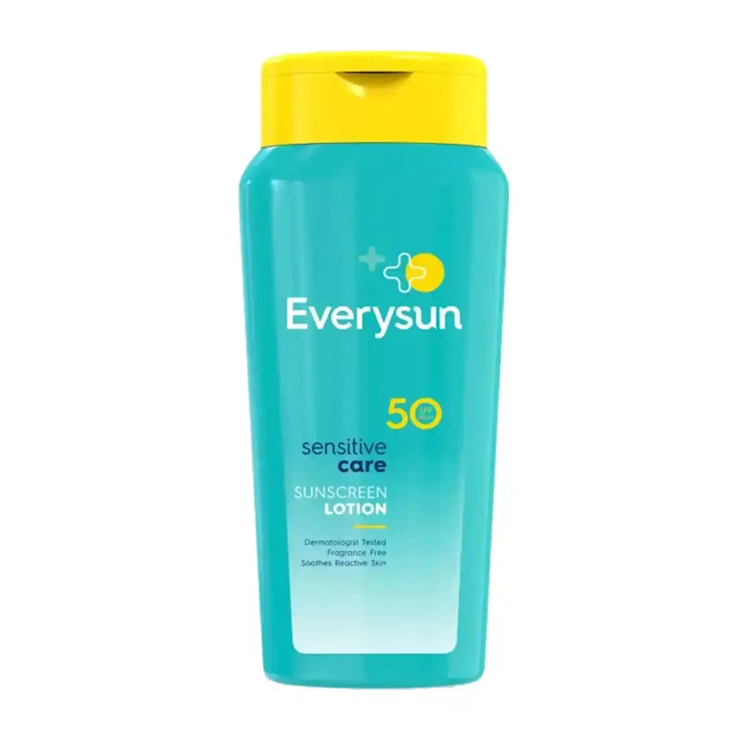 Front of Everysun Sensitive Care Sunscreen Lotion SPF50 200ml bottle on white background
