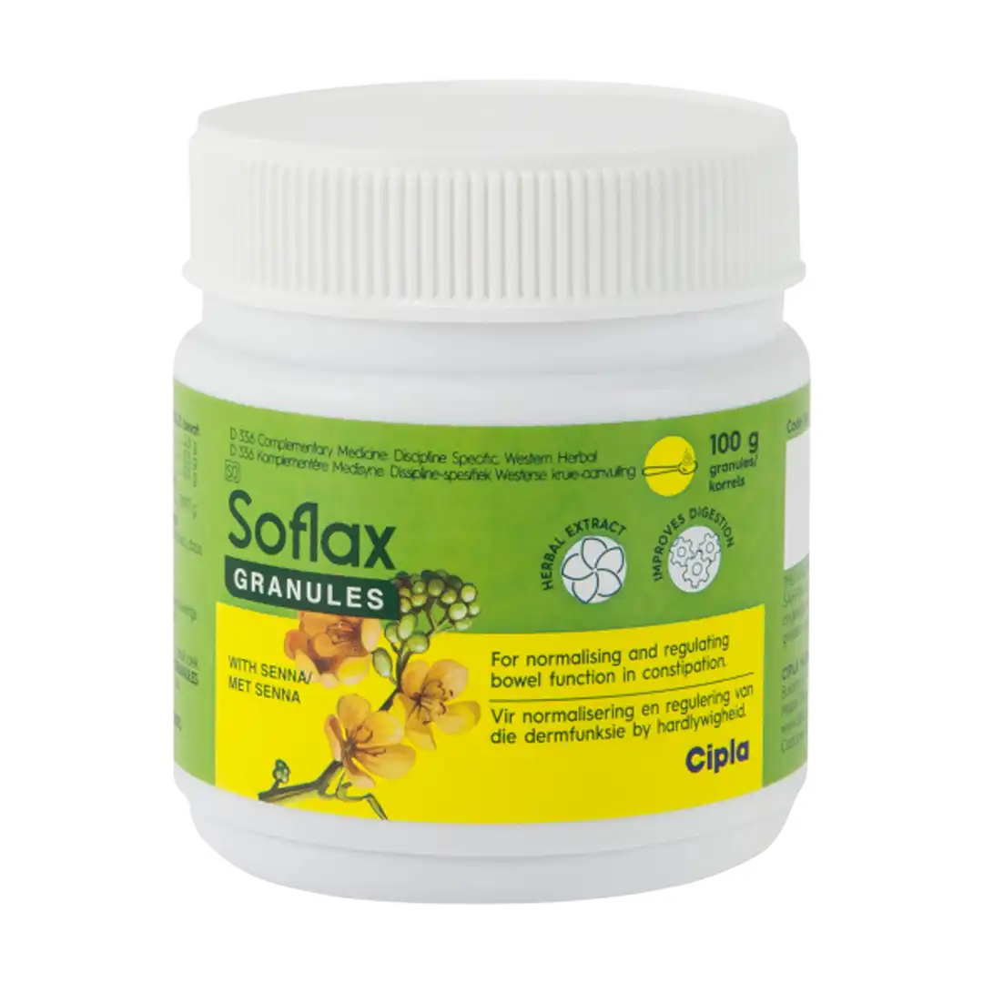 Front of Soflax Granules with Senna 100 g tub by Cipla