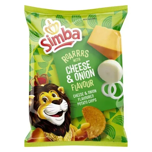 Front of Simba Cheese & Onion flavoured potato chips 36 g packet