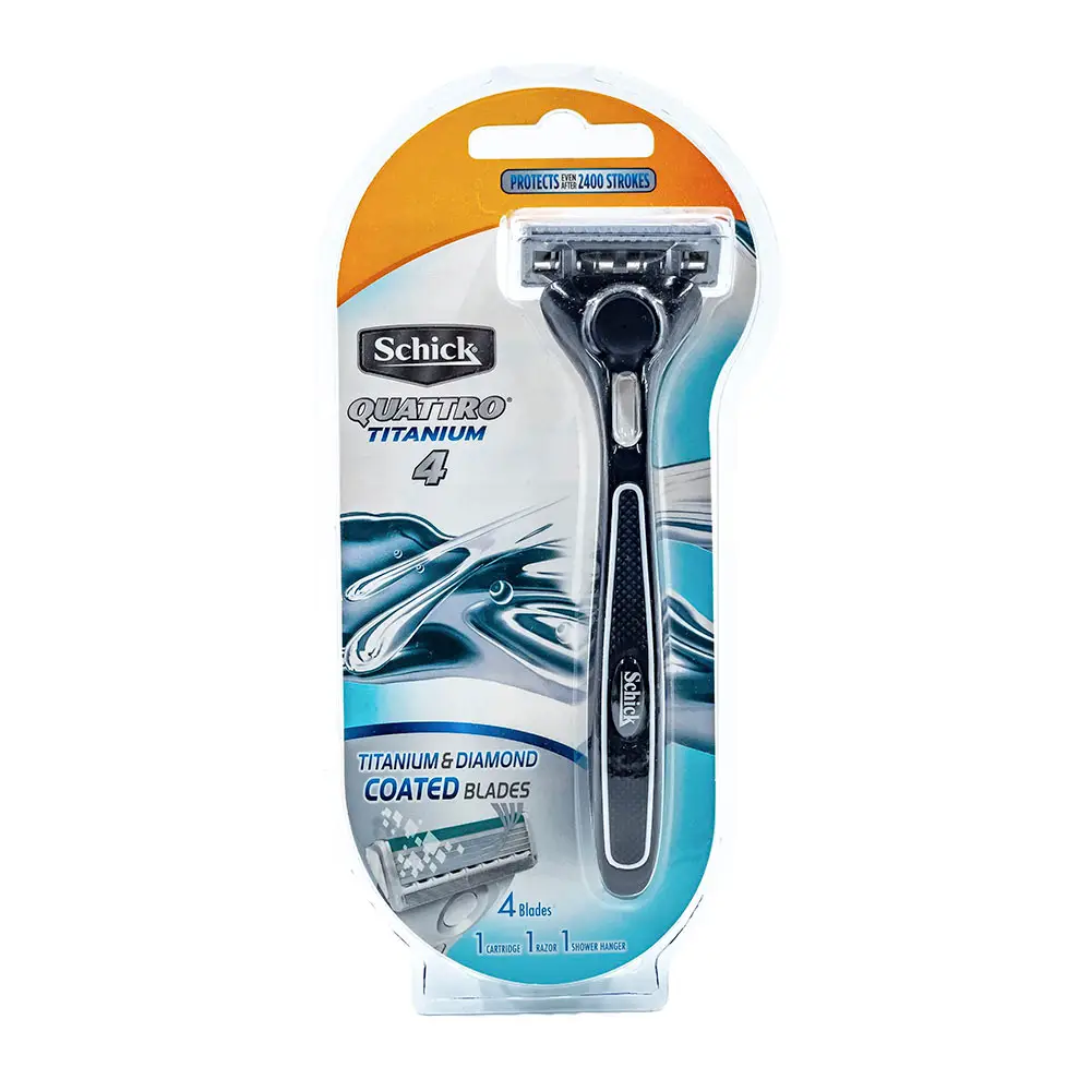 Front of Schick Quattro Titanium 4 razor kit blister pack