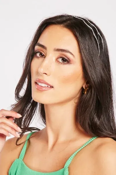 Model wearing a diamante alice band, WOW Alice Band Diamonds 2pc
