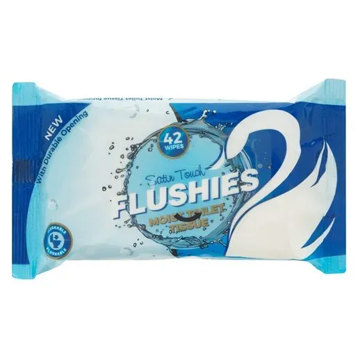 Front of Satin Touch Flushies Moist Toilet Tissue Wet Wipes 42's pack