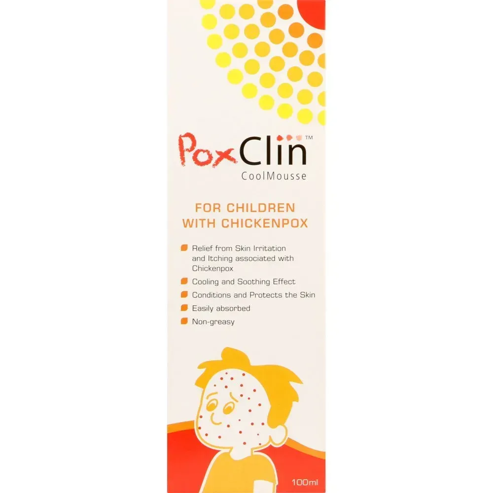 Front of PoxClin CoolMousse for children with chickenpox, 100 ml box