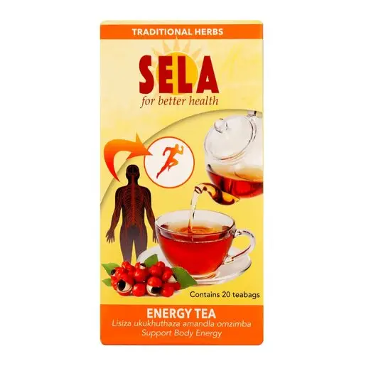 Front of Sela Energy Tea box, 20 tea bags