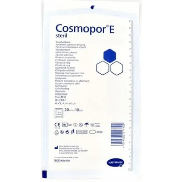 Front of Hartmann Cosmopore E steril adhesive dressing 20cm x 10cm pack