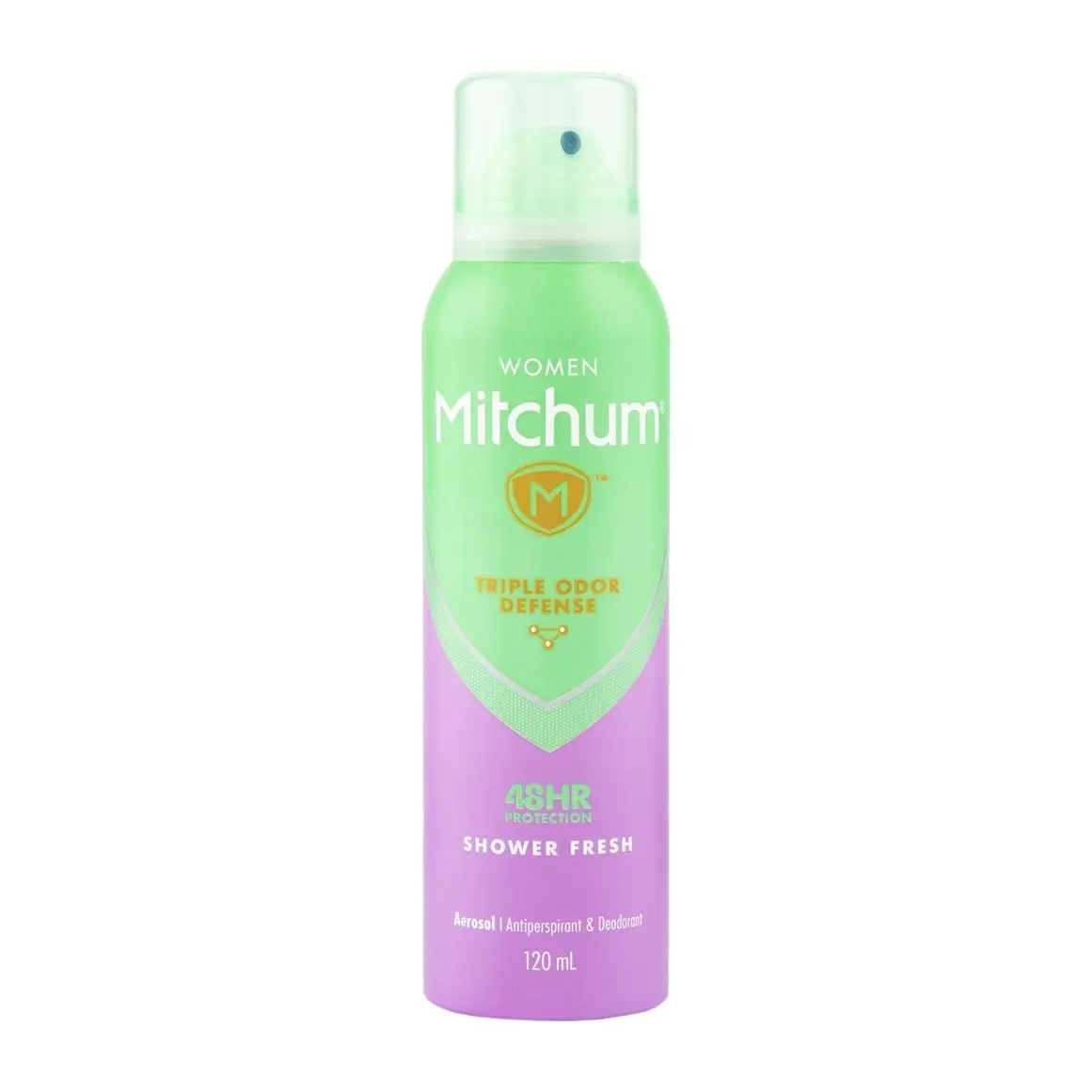 Front of Mitchum Women Triple Odor Defense Shower Fresh 120 ml aerosol can on white background