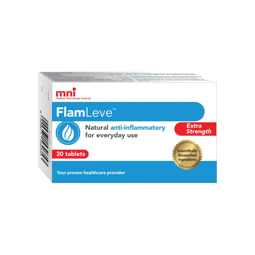 Angled front view of MNI FlamLeve Extra Strength anti-inflammatory tablets box, 30 tablets
