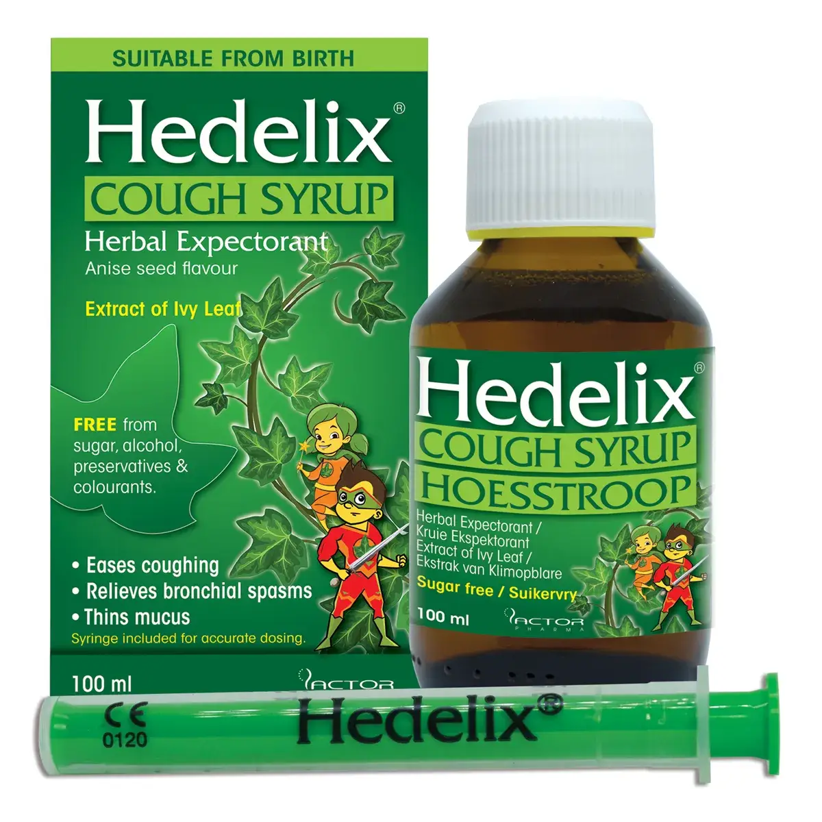 Hedelix Cough Syrup 100 ml box, bottle and dosing syringe, Cipla-Medpro