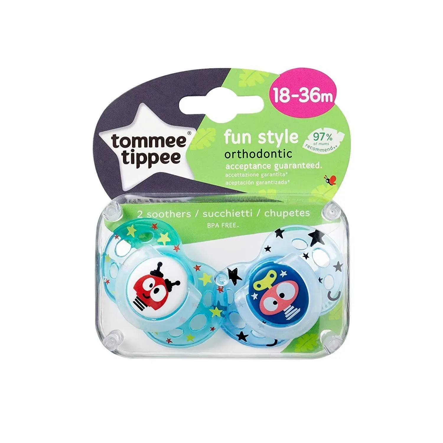 Front of Tommee Tippee Fun Style Orthodontic Soothers 18-36m, pack of 2