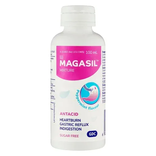 Front of Magasil Antacid Mixture Peppermint Flavour 100 ml bottle