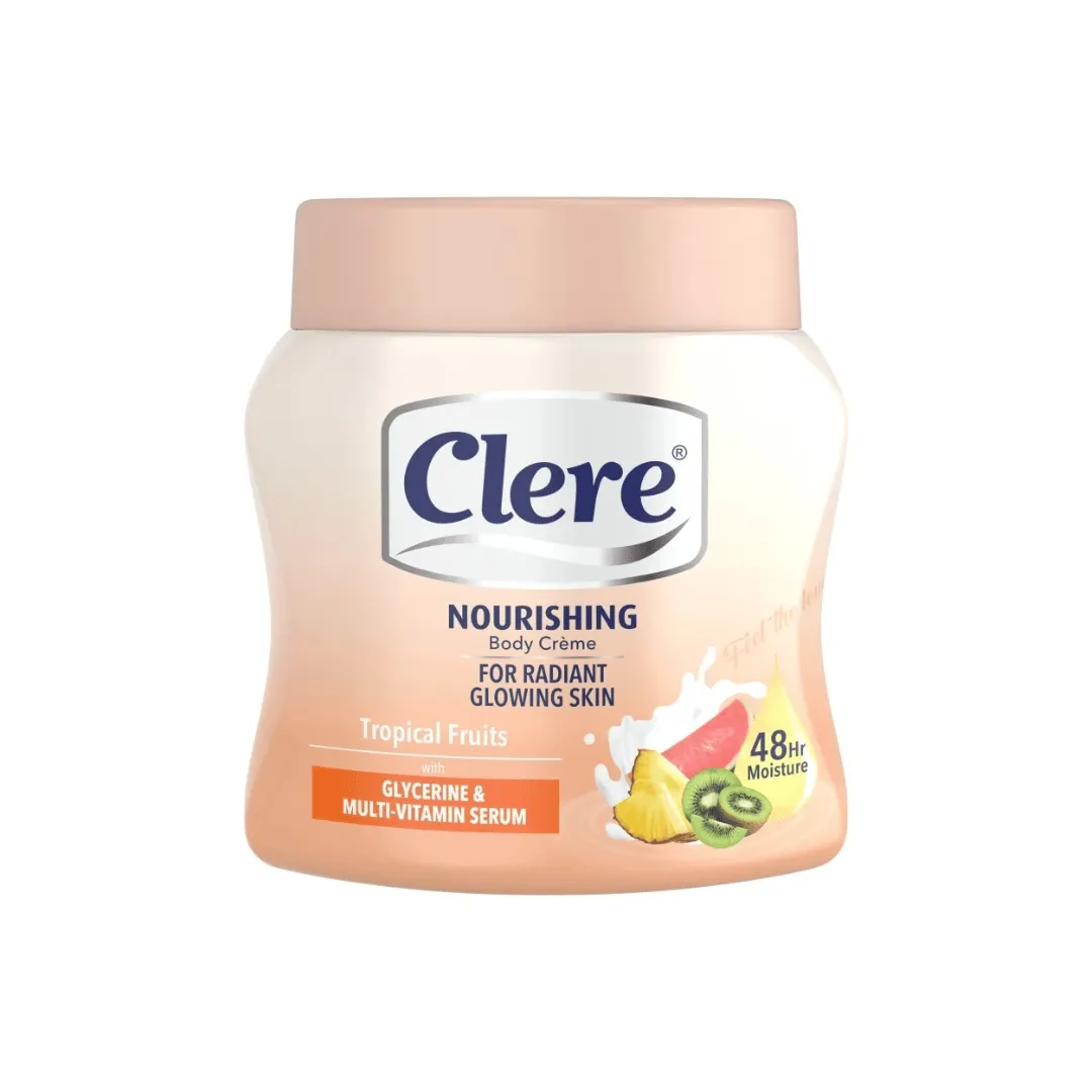 Front of Clere Nourishing Body Crème Tropical Fruits 500ml tub