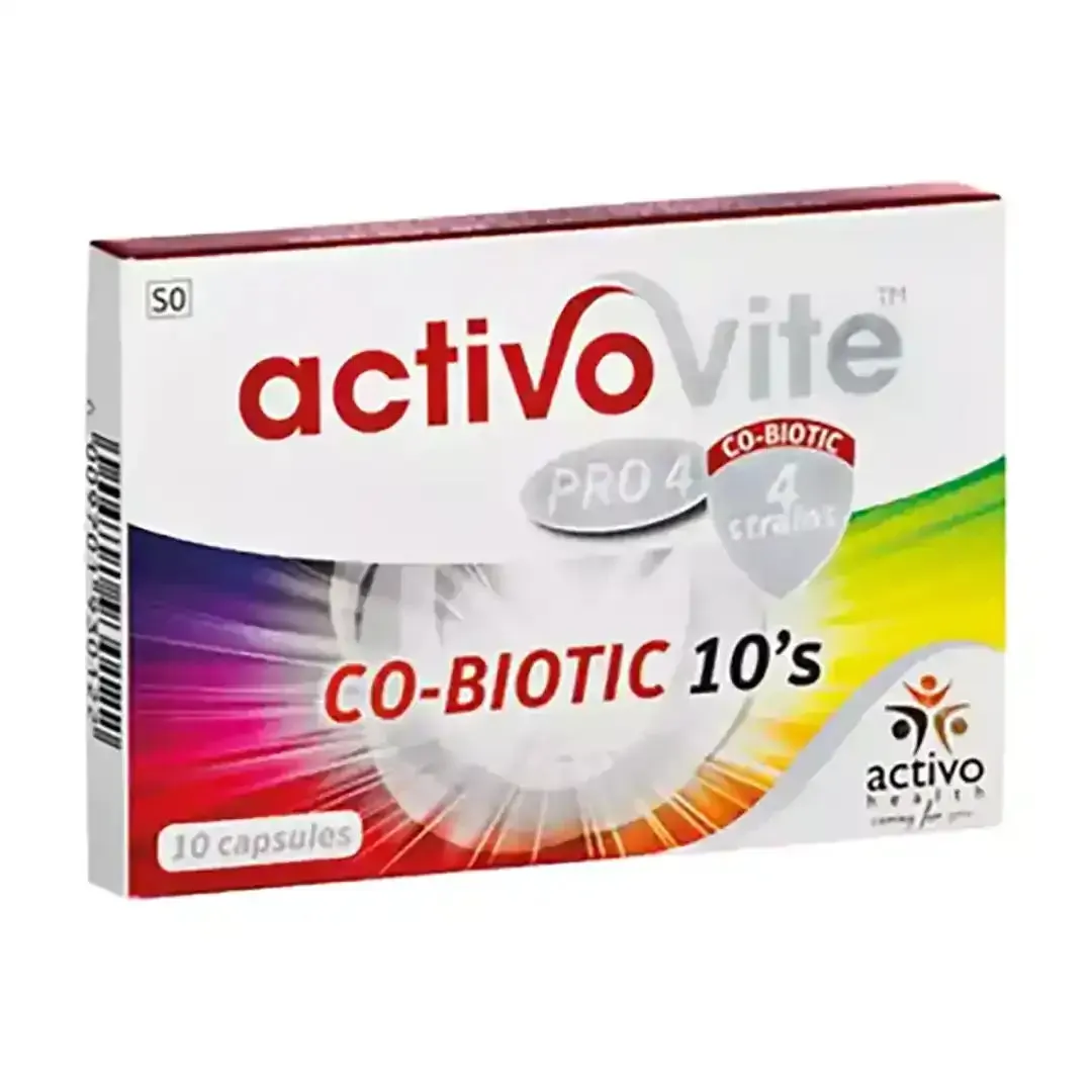 Angled view of Activo Health ActivoVite Pro4 Co-Biotic 10 capsules box