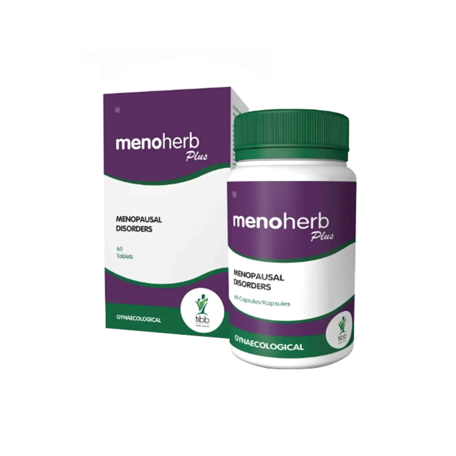 Front of Tibb Menoherb Plus 60 Tablets box and bottle